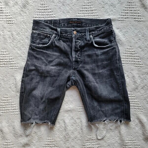 Nudie Black Distressed High-Waisted Cut Off Midi Jean Shorts with raw hem